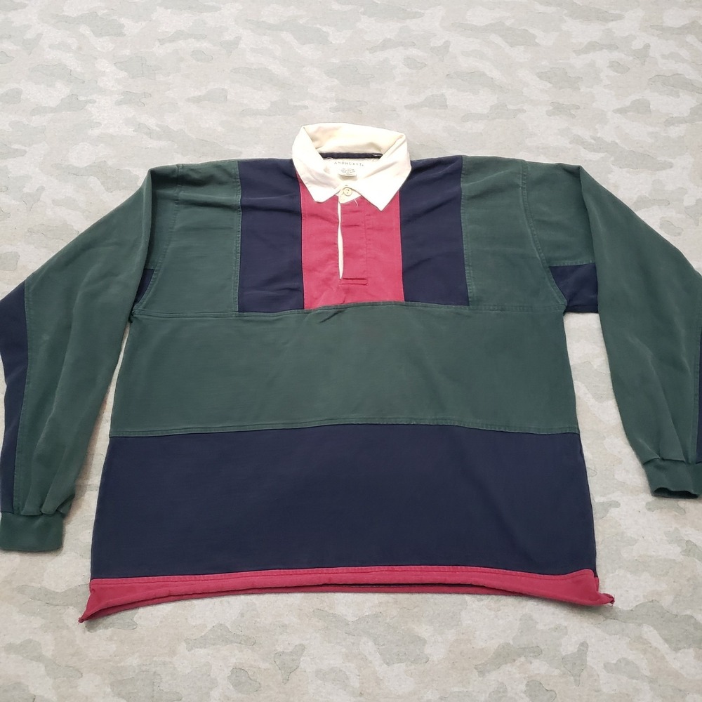 Vintage Andhurst Rugby Polo Shirt Mens XL Green Long Sleeve Striped